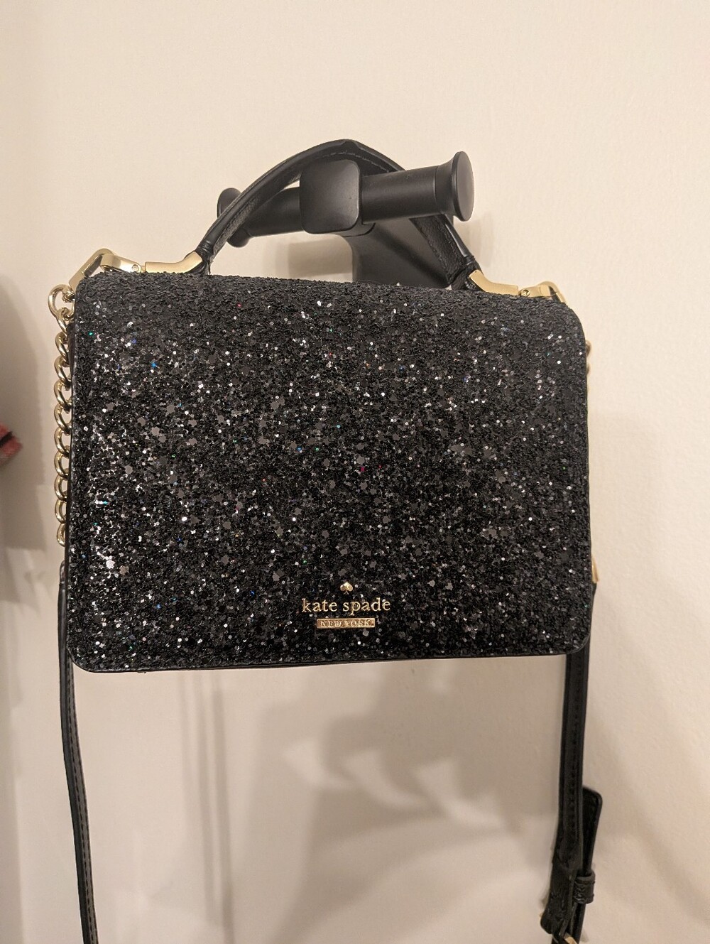 kate spade Black Glitter Convertible Crossbody with Gold Hardware